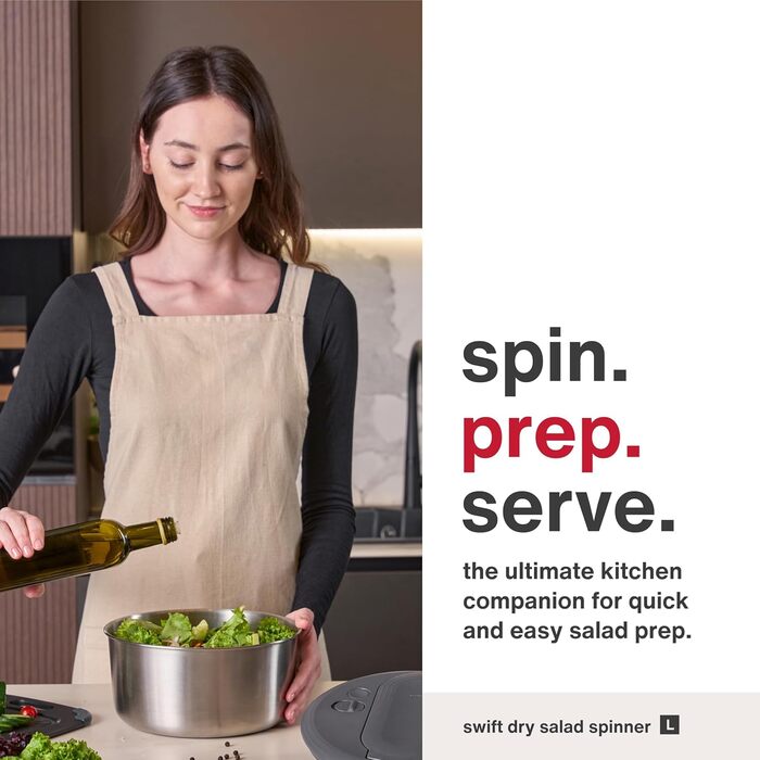 Салатниця-швидкосушарка Zyliss Swift Dry, 6л, з кришкою, BPA-free, неслизьке дно, AquaVent™ технологія, кнопка стоп, придатна для миття в посудомийній машині, сіра