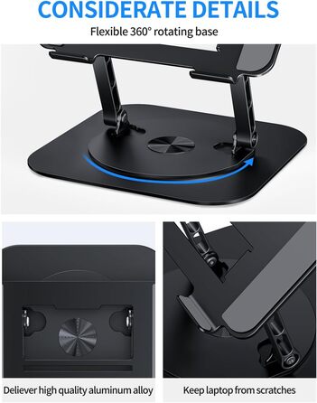 Adjustable Laptop Stand with 360° Swivel Base - Stable Ergonomic Foldable Laptop Riser for Desk - Compatible with MacBook Pro/Air & Notebooks up to 16 inches (A-Black)