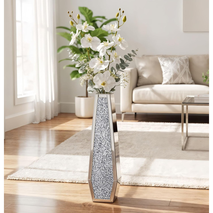 Ваза для квітів велика 68 см: срібна ваза з кристалами для пампас трави, скляна ваза з дзеркальним покриттям та блискітками, декоративна ваза для вітальні, інтер'єру – без підставки для води, 16L x 68H см