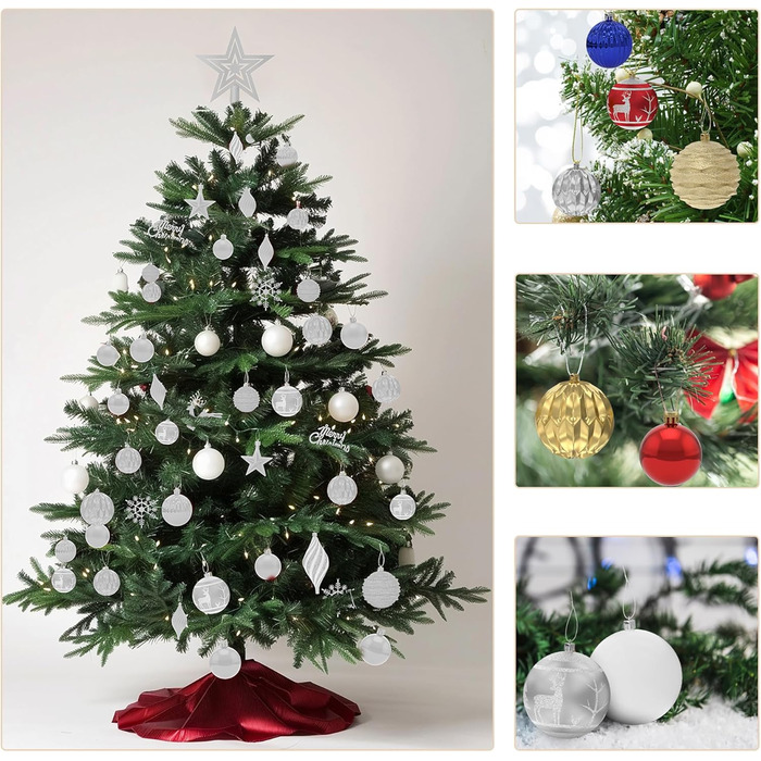 Набір прикрас для ялинки Aufun 108 шт. Преміум якість, пластикові кулі, зірка, верхівка, безпечні прикраси, ялинкові кулі, багаторазові, декор (шампань, срібло)