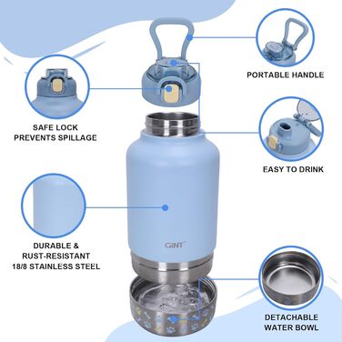 GiNT Ізольована пляшка для води з нержавіючої сталі для собак та людей, туристичний набір з мисками та сумкою, не протікає, для прогулянок, походів, кемпінгу, авто (Блакитний)