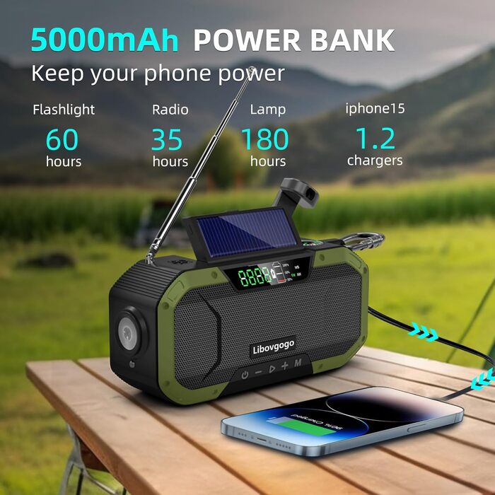 Радіо з ручним приводом та сонячною зарядкою - з акумулятором 5000mAh, радіо для екстрених ситуацій, IPX5 водостійке, AM/FM, портативне, динамо, кемпінг, на відкритому повітрі, ліхтарик, SOS, USB-C (зелене)