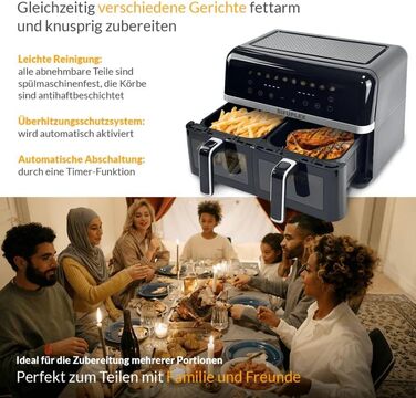 Фритюрниця Sifuplex ASF90 Duo 9L з подвійними кошиками (2 x 4.5L), 10 програм, Rapid-Air, сенсорний екран, 90% менше жиру, для смаження, випікання, розморожування