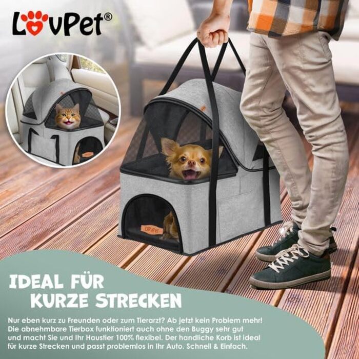 LOVPET® 2-in-1 Pet Stroller - Dog Buggy, Carrier & Jogger for Pets up to 20kg - Foldable, Grey