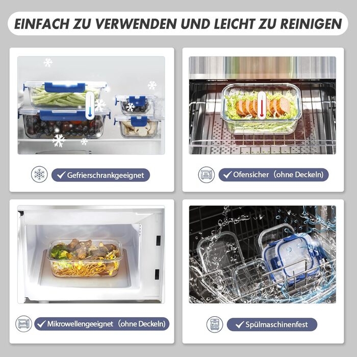 Набір скляних контейнерів для зберігання їжі з кришками з преміум-пластику, 10 шт., блакитні