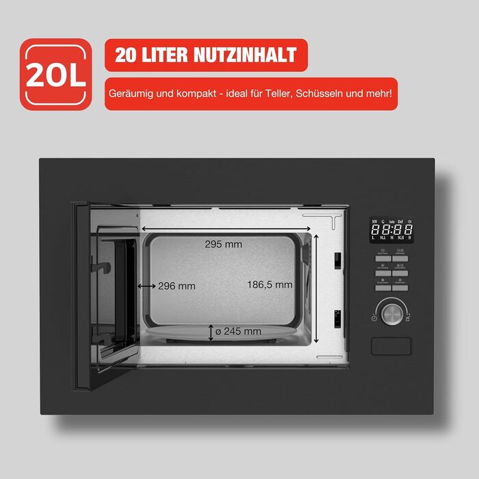 Вбудована мікрохвильова піч Telefunken з грилем, 20 л, чорна, 8 автоменю, 800 Вт, 5 рівнів потужності