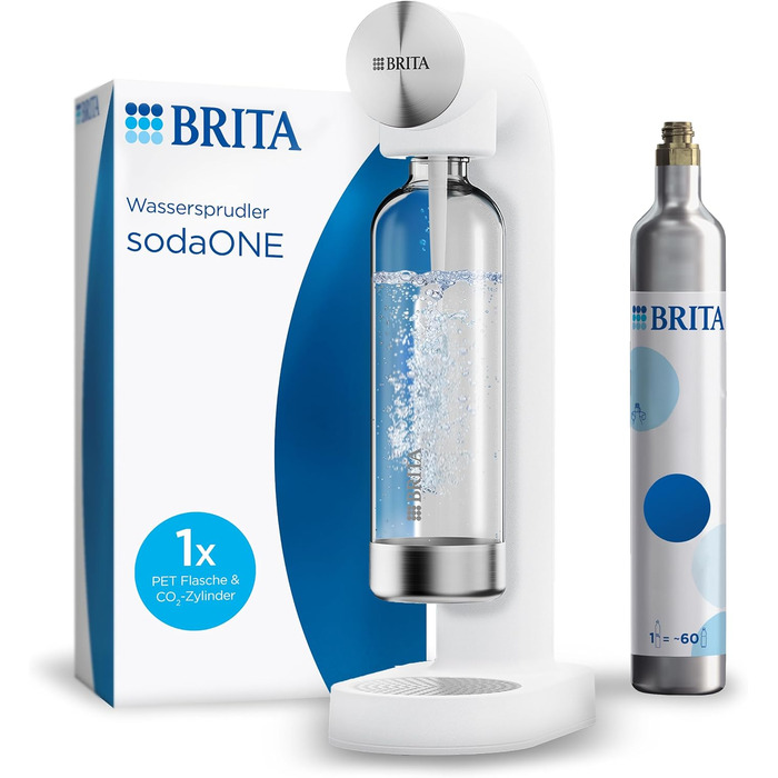 BRITA SodaONE: Газований напій з водопровідної води | Білий | Включає CO2 балон та пляшку PET без BPA | До 60л на балон
