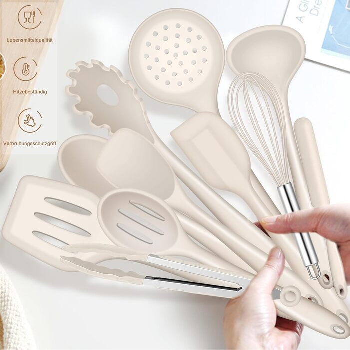 Набір кухонних аксесуарів Joyfair, 15 предметів, силікон, кухонне приладдя, стійке до нагріву, антипригарне, для посуду, з підставкою, придатне для миття в посудомийній машині (Хакі)