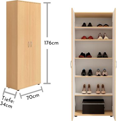 Stella Trading 3 Shoe Cabinet Tall, White - Versatile Multi-Purpose Cabinet with Adjustable Shelves - 70 x 176 x 35 cm (W/H/D) (Beech)