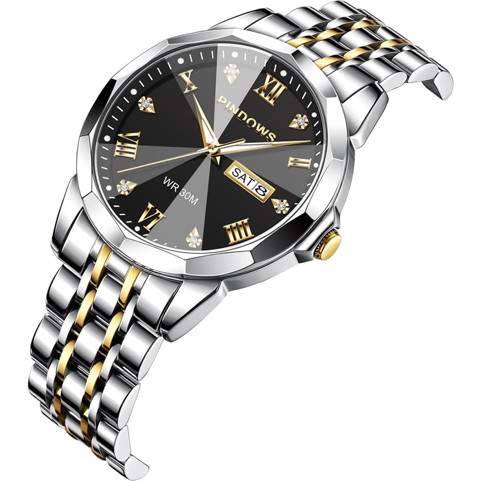 Годинник чоловічий PINDOWS Luxus Quarz з датою та великим циферблатом, водонепроникний, стильний бізнес-годинник. Елегантний двоколірний класичний годинник з нержавіючої сталі з підсвічуванням та календарем. Артикул: De650n2. Срібний браслет, чорний циферблат.