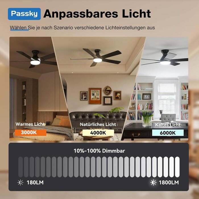 Стельовий вентилятор Passky 132 см з LED-освітленням та пультом керування, DC-мотор, 6 швидкостей, 3 режими світла, реверс (літо/зима), чорний