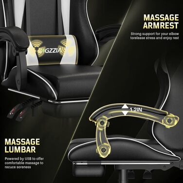 Ігрове крісло Bigzzia Ergonomic Gaming Stuhl з підніжкою та функцією масажу, біле