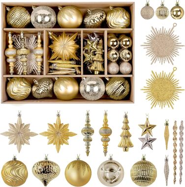 Набір ялинкових прикрас Shareconn, 80 шт., 4–12,5 см, міцні золоті пластикові кулі для ялинки, різдвяний декор, з ниткою для підвішування, темно- та світло-золоті кольори