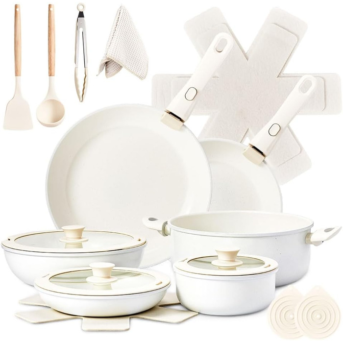 Набір каструль LEADZM з керамічним покриттям, 22 шт., для всіх плит, індукційні, без PFOA/PFOS (Бежевий)