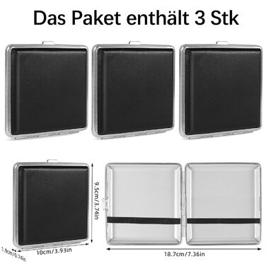 Чохол для сигарет зі шкіри та металу (3 шт., чорний) - 20 сигарет, з застібкою, 10 x 9.5 x 1.9 см