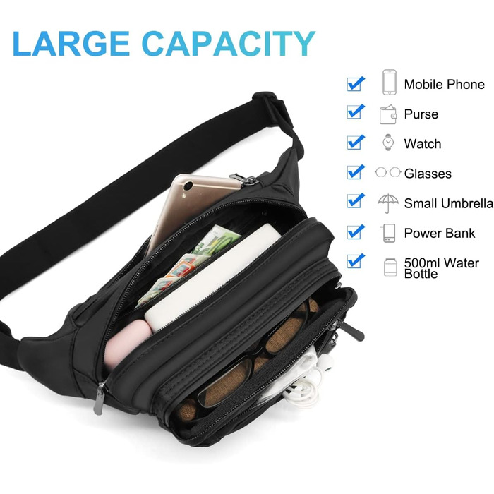 Жіноча поясна сумка-рюкзак, водонепроникна, для телефону, спортивна, для активного відпочинку, подорожей, прогулянок з собакою (чорна)