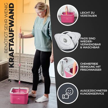 ALANBERG® Mop Set with Bucket – 2-Chamber System for Dirt & Fresh Water Separation – Self-Wringing, Microfiber Mop Pads – Floor Mop for all Floors, Pink
