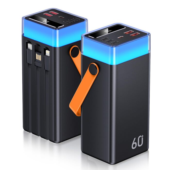Power Bank 60000mAh 22.5W USB-C: Зовнішній акумулятор з LED-дисплеєм, 3 кабелями, 5 портами, для iPhone, Samsung, Android (Помаранчевий)