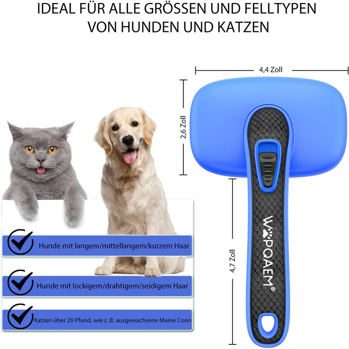 Щітка для собак і котів, самоочисна, для видалення підшерстка та сильного линяння, для довгої та короткої шерсті, делікатна до шкіри, зменшує випадання шерсті, синій колір