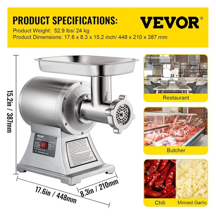 Електричний м'ясорубка VEVOR 850W, 150 кг/год, для ресторану, супермаркету, м'ясної крамниці