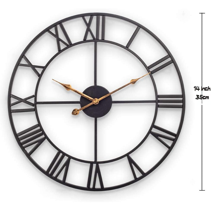 Large Wall Clock, European Industrial Vintage Wall Clock with Roman Numerals, Silent No Ticking Sounds Metal Wall Clock, Decorative Wall Clock for Living Room, Kitchen, Bedroom - 35cm, Black