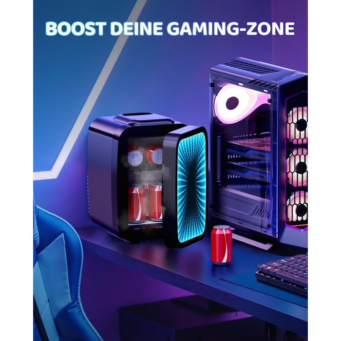 Міні холодильник MF01C з 7 режимами підсвічування та ефектом миготливої вивіски, тиха функція охолодження/підігріву, AC/DC, 4L/6 банок, для ігрової кімнати, спальні, офісу та авто, чорний