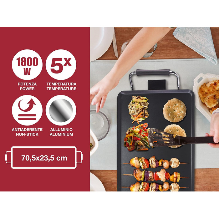 BEPER Electric Grill with Glass Lid - Non-Stick Coated Grill Plate, Stainless Steel, 1800W