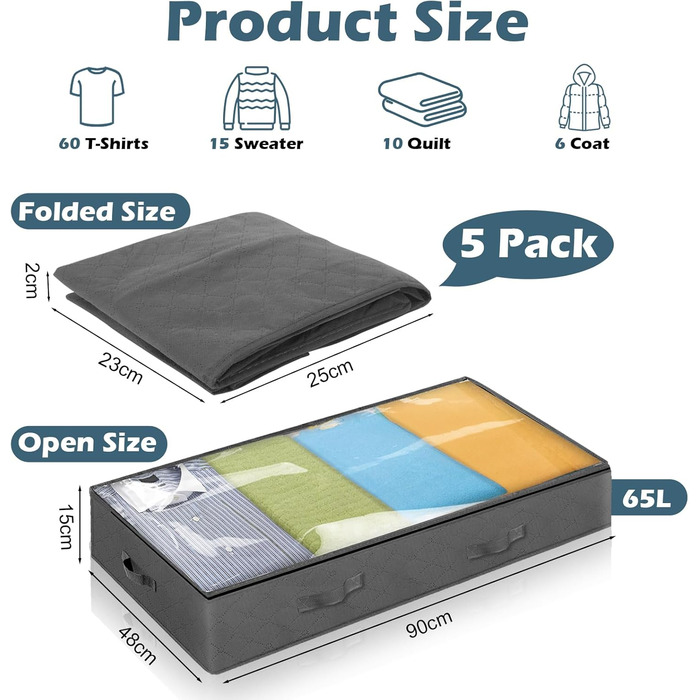 5 шт. Комод під ліжко Withosent 90L, Коробка для зберігання під ліжко з фетру, Складана сумка для зберігання одягу, постільної білизни, ковдр, подушок (5 шт./90L)