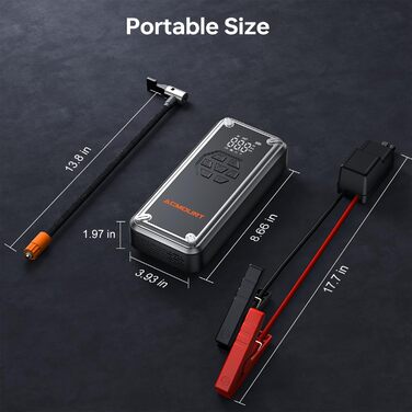 Портативний пусковий пристрій Starthilfe з компресором 150PSI, акумулятор 12V 6000A, для бензинових/дизельних авто, Powerbank з кабелями, LED-ліхтар, чорний