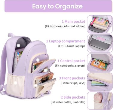 Шкільний рюкзак для дівчаток Tanou: велика місткість, нейлон, для 3-7 класів, Kawaii стиль, фіолетовий