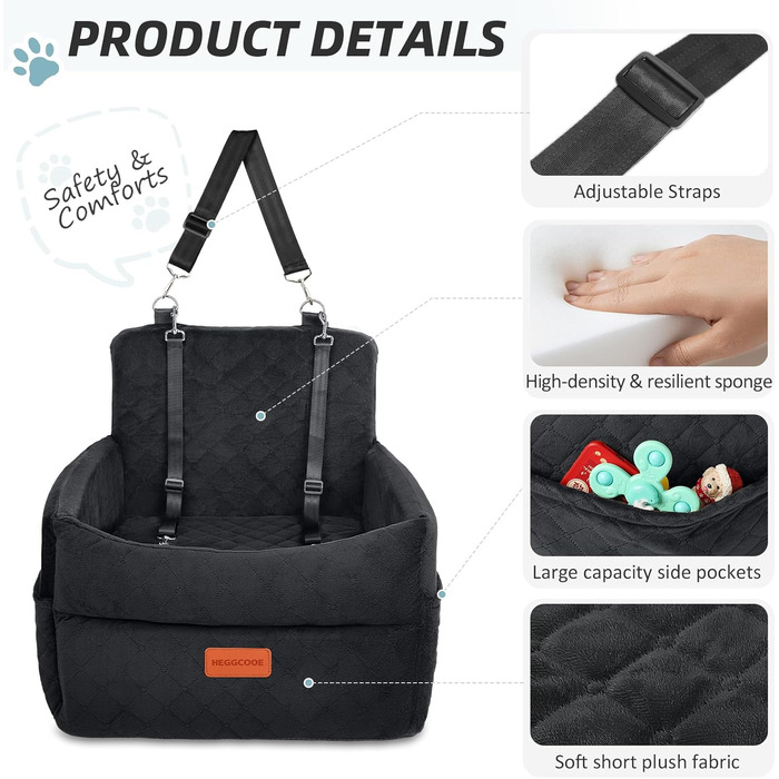 Washable Dog Car Seat for Small to Medium Dogs with Leash & Storage Pockets - Thickened Elevated Dog Bed for Back or Front Seat - Black
