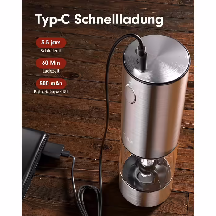 Electric Salt and Pepper Grinder Set of 2 with Stainless Steel Adjustable Ceramic Grinder, USB Rechargeable Salt and Pepper Mill, Electric Spice Grinder, LED Lighting, with Brush, Wooden Spoon