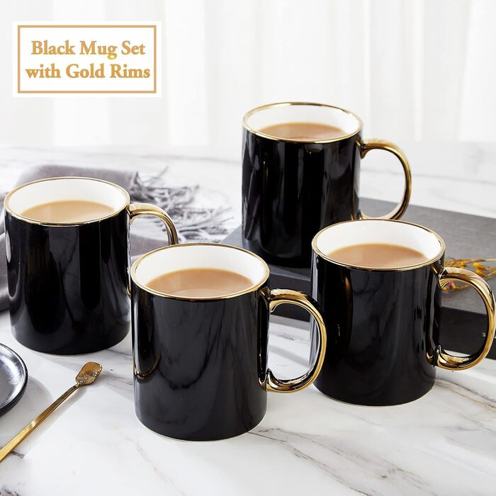 DUJUST Black Coffee Cup Set of 4 (470ml), modern and stylish design with handcrafted gold trim, black and gold cup for coffee, beautiful and elegant top-grade porcelain mugs