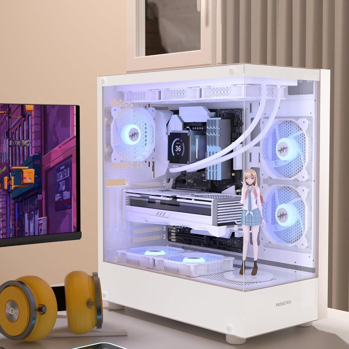 Корпус для ПК MUSETEX K2 ATX Mid-Tower з подвійним склом, білий, 3 вентилятори, USB Type-C