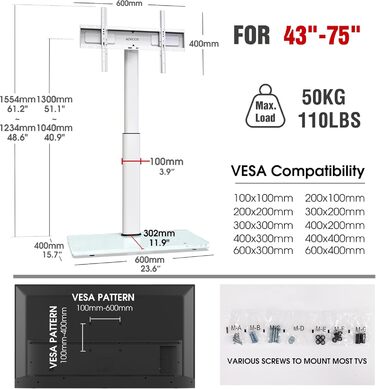 Регульований підлоговий кріплення для телевізора 100-190 см (43-75 дюймів), 10-ступеневе регулювання висоти кутів, підставка для телевізора для вітальні/спальні, підтримує до 50 кг, max. VESA (Білий/Опудаловий сад)