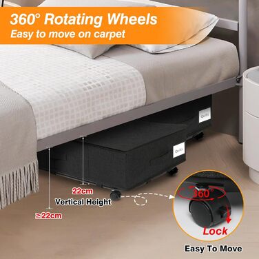 Підліжкова комода на колесах 50л, 2 шт. Складна підліжкова комода з кришкою та блискавкою, велика підліжкова система зберігання на колесах чорного кольору з металевою основою для одягу, ковдр, постільної білизни
