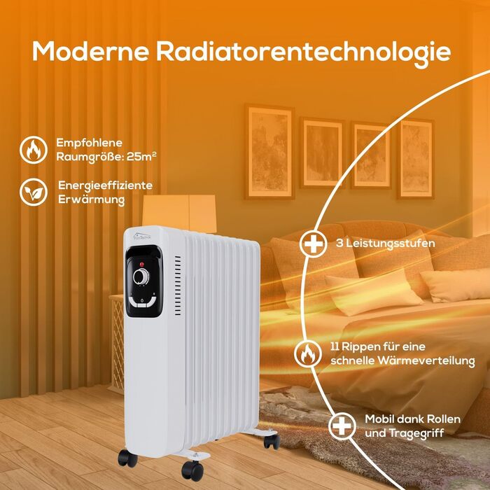 Масляний радіатор Tronitechnik® TT-OR 311 - електрообігрівач з 3 режимами, 11 ребер, 2500 Вт, білий