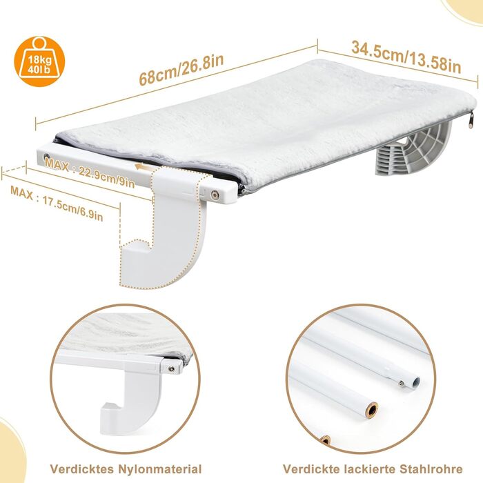 Cat Bed Balcony Window Hammock for Radiator/Heater, 67.5 * 34.5cm Window Hammock for Cats, Cat Window Bed, Window Spots, Cat Bed, Window Sill, Window Bed Spot (L)