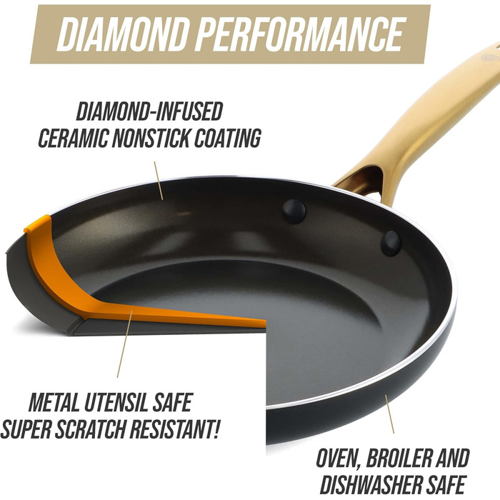 Набір посуду Blue Diamond Gold 10 предметів для індукційних плит, з алмазним покриттям, без PFAS та PFOA, антипригарне покриття, міцний, безпечний для металевих кухонних аксесуарів, придатний для миття в посудомийній машині, чорний