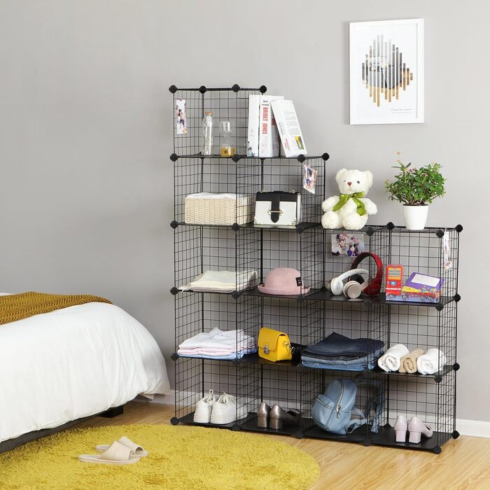SONGMICS Storage Cubes, 16 Cube Storage System from Metal Wire, DIY, Modular Grid Shelf, with Wire Frame, Black LPI44H