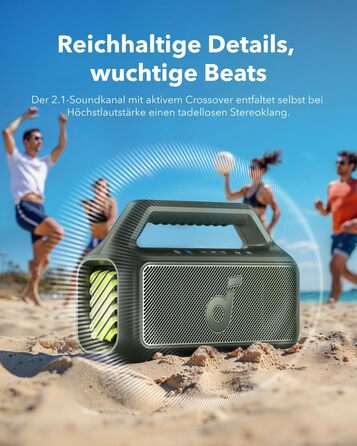 Soundcore Boom 2 - Портативна Bluetooth Колонка, 80W, Сабвуфер, BassUp 2.0, 24h, IPX7, LED, USB-C, BT 5.3, для кемпінгу, пляжу, саду (зелена)