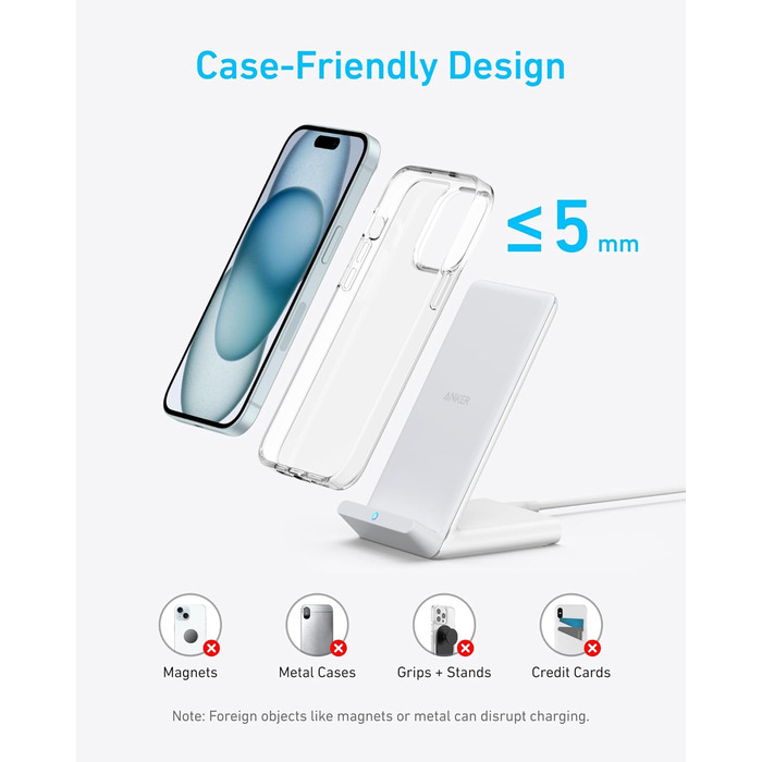 Бездротова зарядка Anker 313 Qi, сумісна з iPhone 16/15/15 Pro/15 Pro Max, SE (2020), 13/13 Pro/13 Pro Max, XR, Galaxy S22 (10W, без блоку живлення)