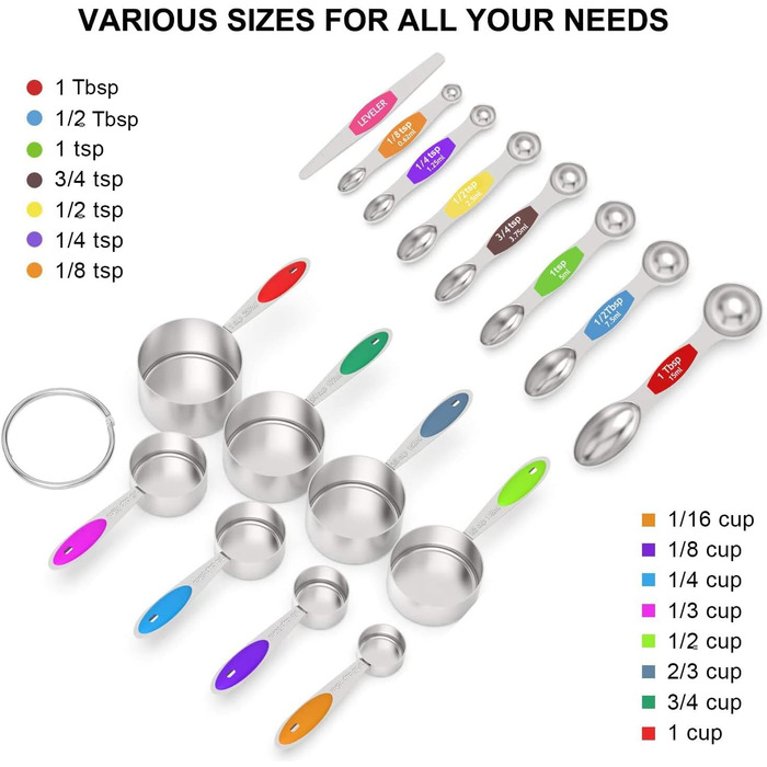Wildone Measuring Cups and Magnetic Measuring Spoon Set, Stainless Steel, 16-Piece Set, 8 Measuring Cups, 7 Double-Sided Stackable Magnetic Measuring Spoons, 1 Leveler