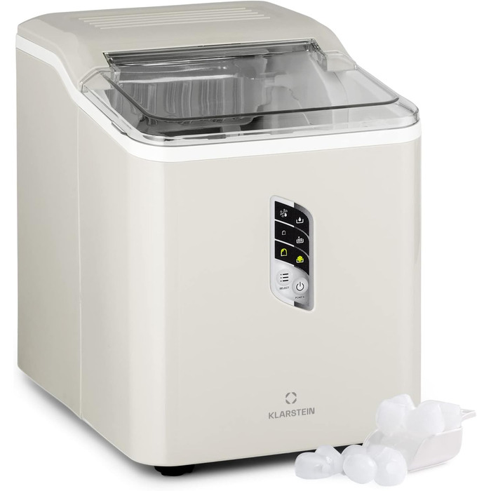 Klarstein Ice Cube Machine Small, Fast Ice Cube Maker, Self-Cleaning Ice Cube Maker, Ice Cube Device for Large and Small Ice Cubes, with Ice Cube Container, 12kg/24h, Capacity 1.5 L (Creme)