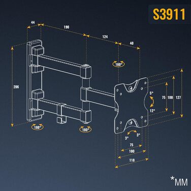 Настінне кріплення для монітора/телевізора RICOO S3911 13-34 дюйми, поворотне, VESA 75x75/100x100