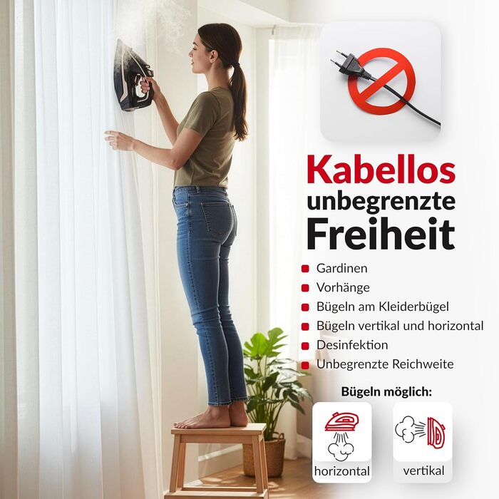 Парове прасування LEHMANN бездротове з базою для зарядки, регулювання температури та 5 програм, керамічна підошва, вертикальний пар, автовимкнення, чорний/рожеве золото