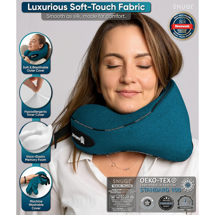 Подушка для шиї SNUGL з Memory Foam, регульована, для подорожей | Зручна подушка-воротник для шиї в літак, авто та в дорогу | Подушка для шиї, Neck Travel Pillow (синьо-зелений)