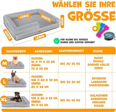 Orthopedic Dog Bed, Dog Cushion, Dog Basket Relax, Incl. Bowl + 3x Chew Bones, Dog Sofa for Small, Medium & Large Dogs, Removable and Washable Cover, 91x71x22cm (L (106 x 80 x 25 cm), Grey)