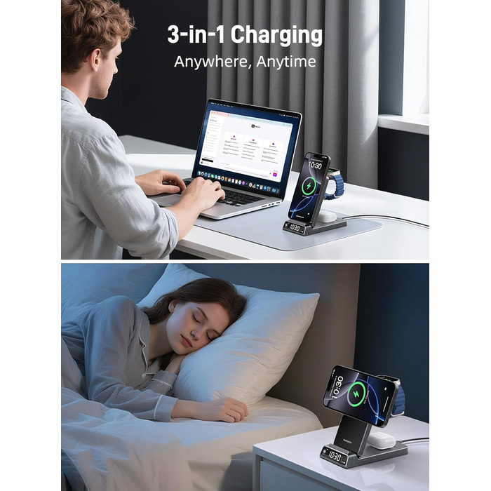 Зарядна станція 3-в-1 бездротова для iPhone, Apple Watch, AirPods, з годинником, для подорожей