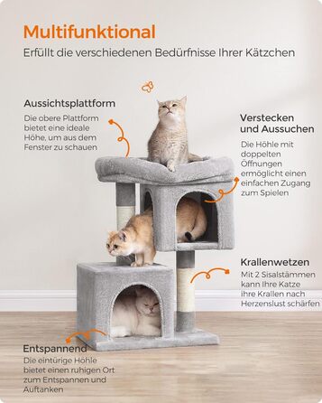 Драбина-кіготь Feandrea для котів, 67 см, будиночок для кошенят до 3 кг, велика платформа, сизалова колонка, сірий колір, PCT611W01